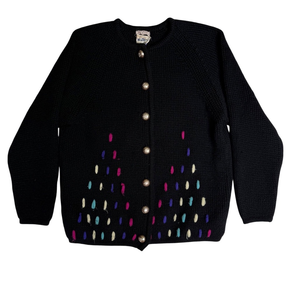 Vintage Mr. Dino 100% Wool Black Cardigan Sweater Made in Italy Embroidered Sm